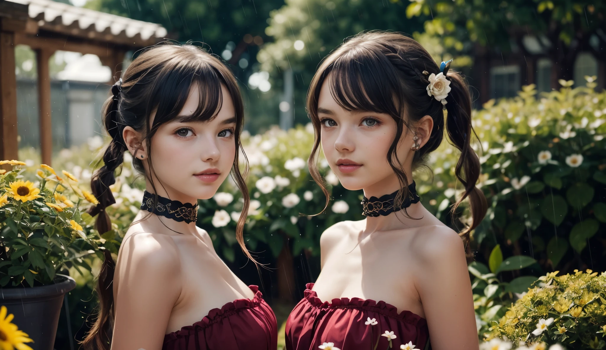 girl wearing petticoat dress, BREAK, 1girl, sleeveless petticoat microskirt, strapless dress, (, cute:1.8), (breasts:1.2), (jacket:1.2), detailed face, (looking at viewer:1.6), thighs, smile, short hair, majestic flower filigree headpiece, transparent fairy wings, lush flower garden, (heavy raining:1.2), dramatic lighting, realism, (best quality, highres, masterpiece:1.2), (ultra detailed, photorealistic:1.3), wavy hair, pigtails, asymmetrical bangs, choker,