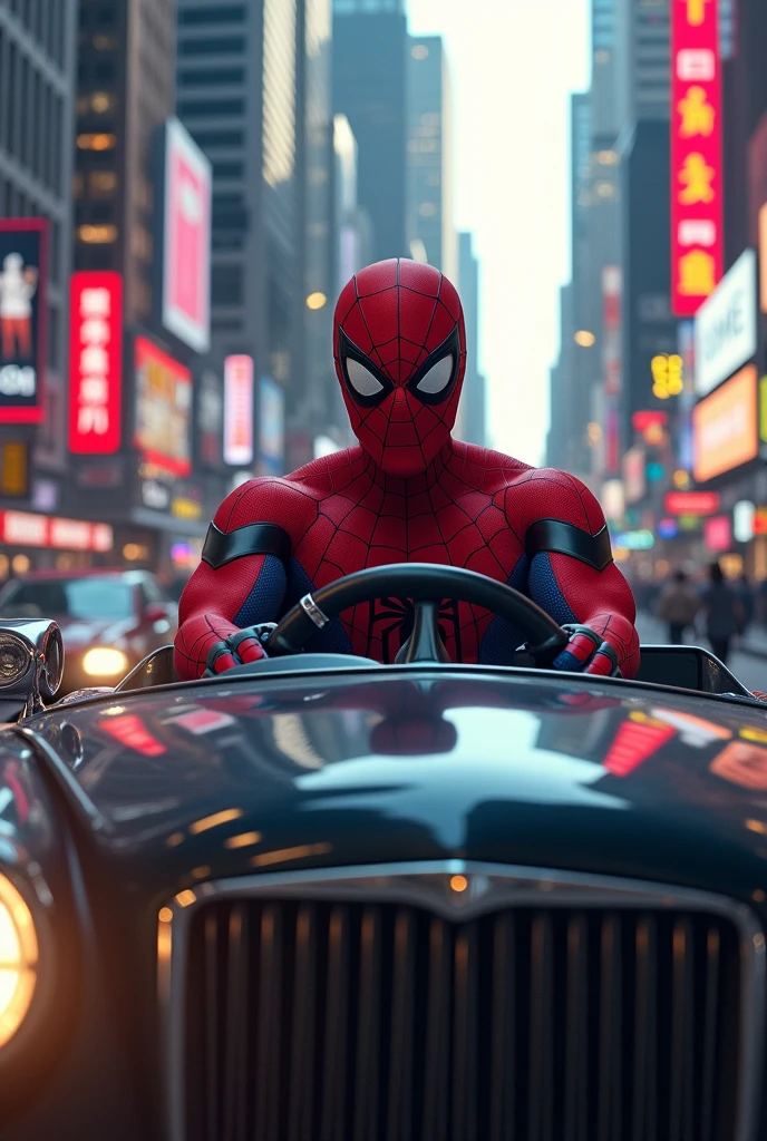 Spider-Man driving a car
