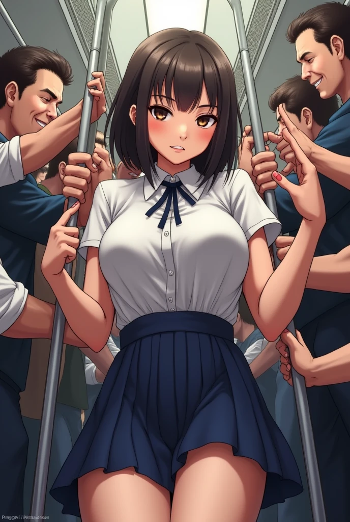 (Crazy behavior:1.8)Anime Style, Japanese women, Very large breasts, Oversized breasts, (Completely naked,Dark blue ribbon, Dark brown shoulder-length hair,bangs,ear:1.2),Grab your chest, in the train, Grab me by the buttocks, 彼女の周りの複数の男性が彼女のGrab your chest, Grab your chest, Multiple hands, masterpiece, Highest quality, Very detailed, Crazy behavior, Men in the crowd, Crowdsurfing, Very realistic face, Very realistic eyes, Men in the crowd around her, Someone grabs her body, I pressed my chest, Crazy behavior, masterpiece, Highest quality, Very detailed, 1 person, Multiple hands, Grab your ass with the crazy crowd, Grab your chest, The men around her, A compressed body, 多くの人がGrab your chest,  (There are no women in the crowd:1.5), Man in a tie