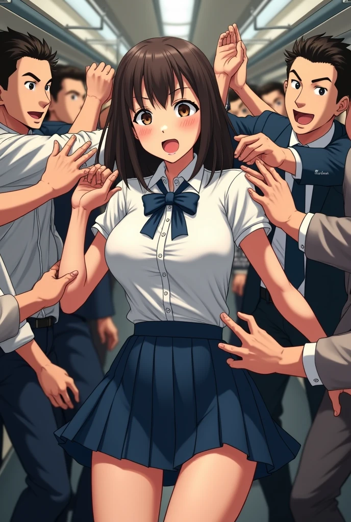 (Crazy behavior:1.8) Japanese women, Very large breasts, Oversized breasts, (White short sleeve shirt,Dark blue ribbon,Pleated short skirt, Dark brown shoulder-length hair,bangs,ear:1.2),Grab your chest, in the train, Grab me by the buttocks, 彼女の周りの複数の男性が彼女のGrab your chest, Grab your chest, Multiple hands, masterpiece, Highest quality, Very detailed, Crazy behavior, Men in the crowd, Crowdsurfing, Very realistic face, Very realistic eyes, Men in the crowd around her, Someone grabs her body, I pressed my chest, Crazy behavior, masterpiece, Highest quality, Very detailed, 1 person, Multiple hands, Grab your ass with the crazy crowd, Grab your chest, The men around her, A compressed body, 多くの人がGrab your chest, Be beaten, pull clothes, Very wet and sweaty, Grab clothes, (There are no women in the crowd:1.5), Man in a tie