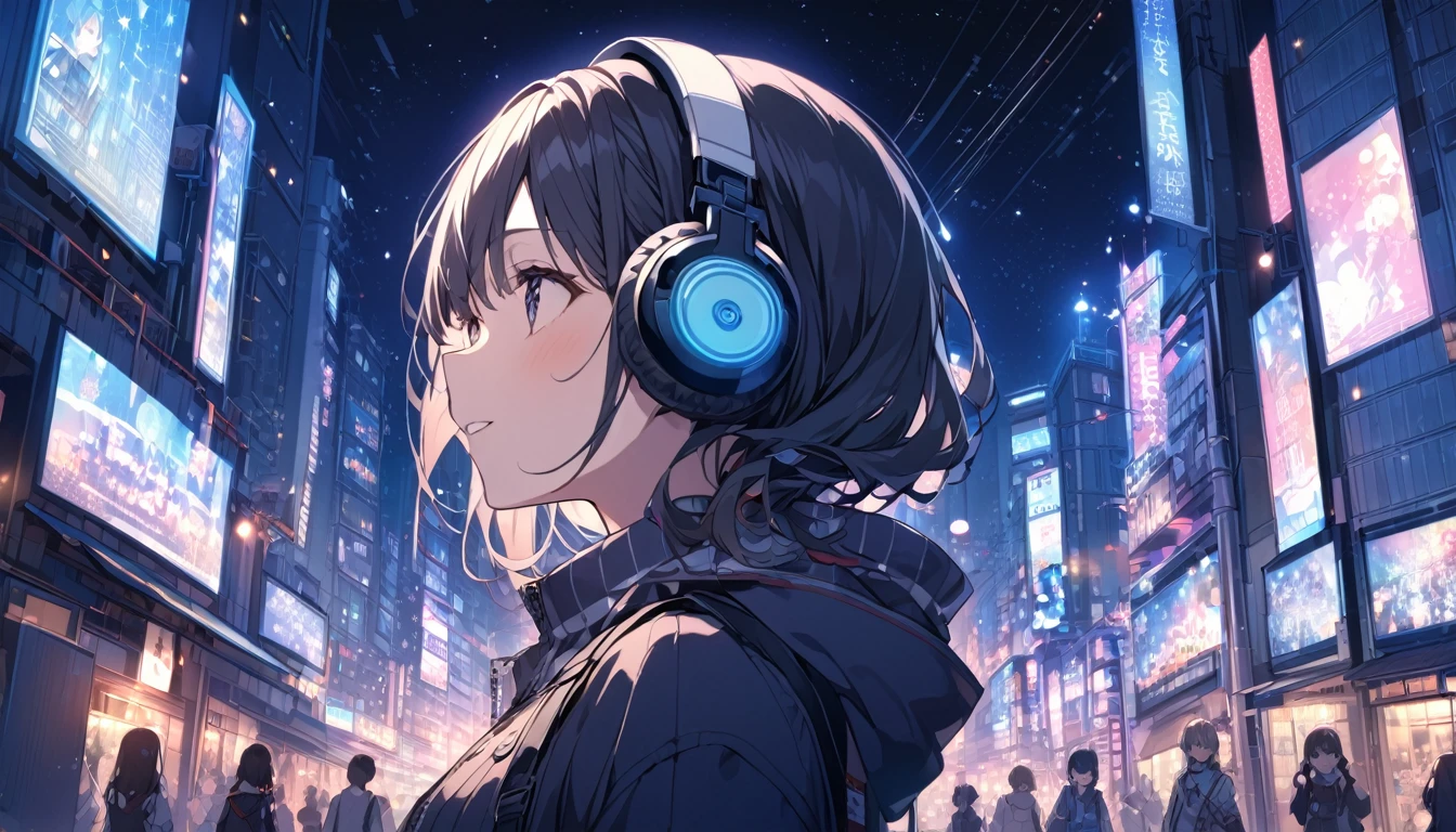 Woman wearing headphones looking at the city of Tokyo,Night starry sky,Streetscape、listen to music、Japanese