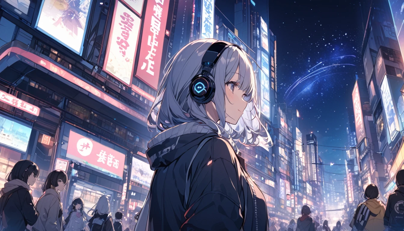 Woman wearing headphones looking at the city of Tokyo,Night starry sky,Streetscape、listen to music、Japanese