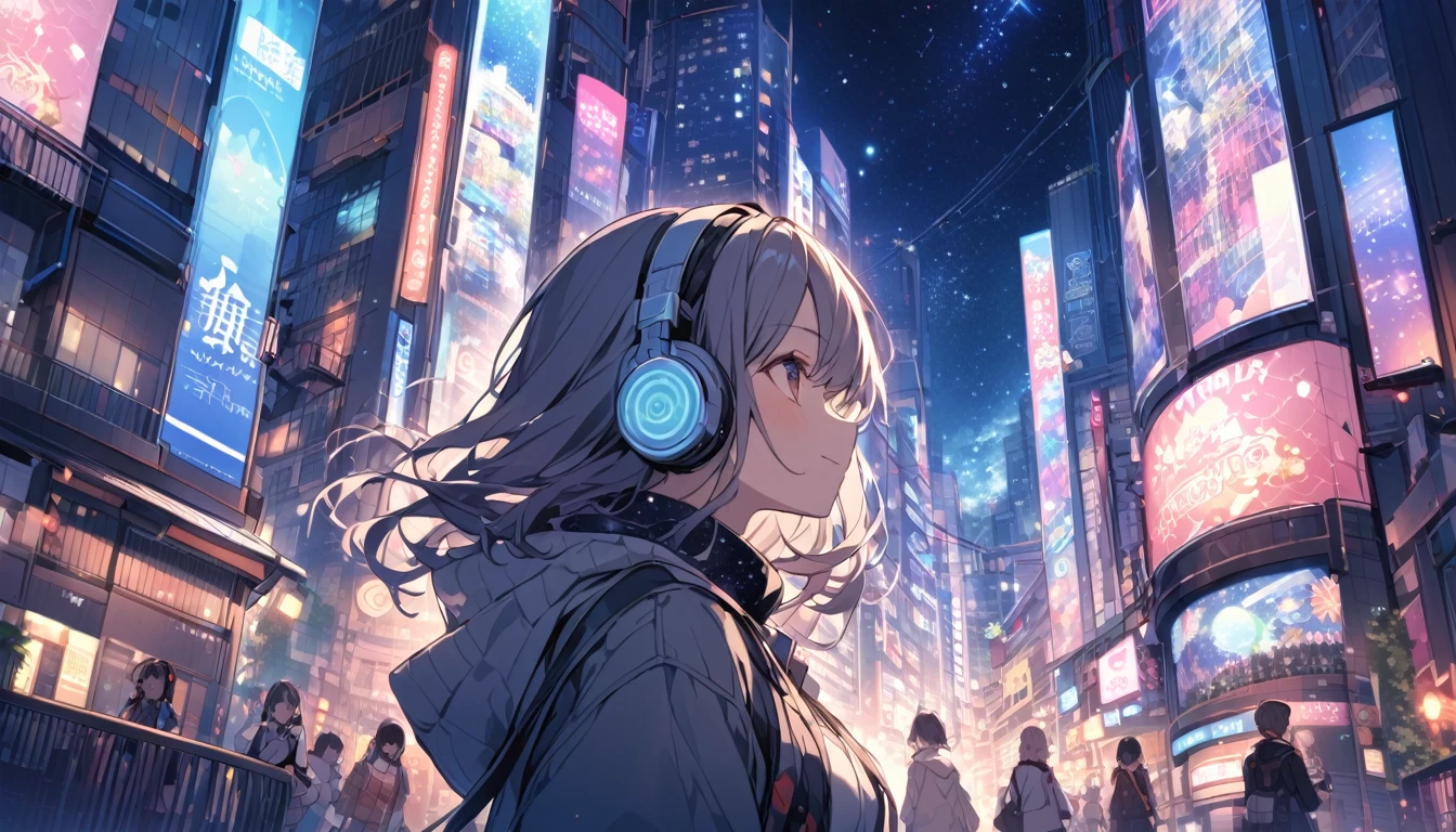 Woman wearing headphones looking at the city of Tokyo,Night starry sky,Streetscape、listen to music、Japanese