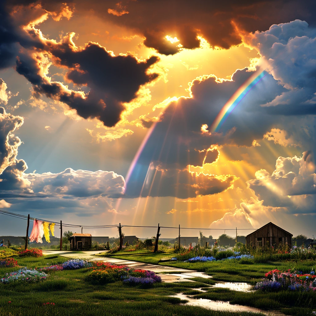 Ragged and vibrant clothes: A clothesline, half with torn and faded fabrics, the other half with vibrant and bright colors, swaying gently on a cloudy day, with sunbeams breaking through the clouds, creating an atmosphere of hope and melancholy.
Storm and rainbow: "A rainbow appears on the horizon, as a violent storm hits a clothesline, some being carried by the wind, others remain firm, representing resilience and fragility.
Nature in contradiction: A blooming garden with vibrant and wilted flowers side by side, Ao fundo, a sky with heavy clouds and a weak sun, symbolizing the beauty and decay of nature. 8k resolution, ultra realisitic, better rendering 