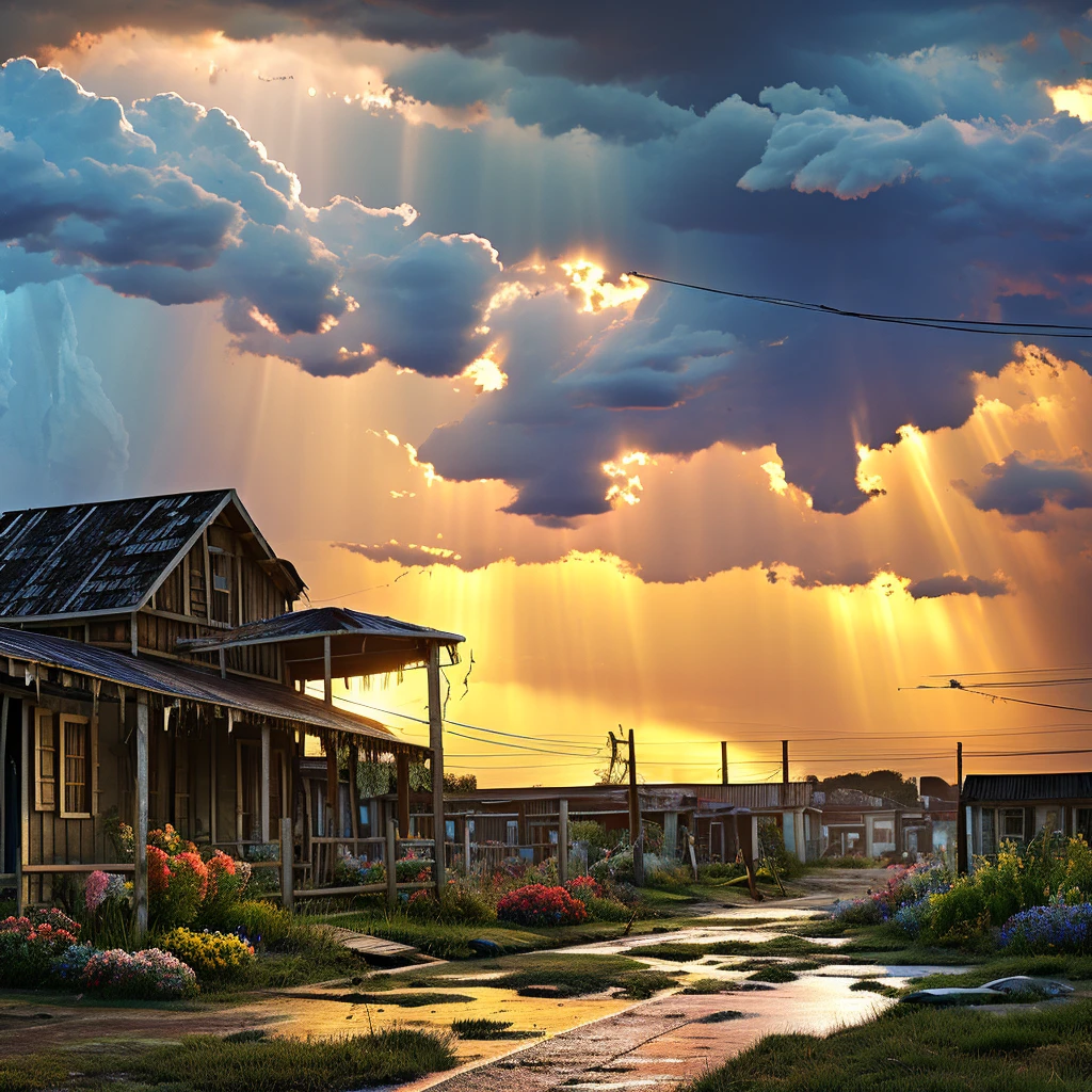 Ragged and vibrant clothes: A clothesline, half with torn and faded fabrics, the other half with vibrant and bright colors, swaying gently on a cloudy day, with sunbeams breaking through the clouds, creating an atmosphere of hope and melancholy.
Storm and rainbow: "A rainbow appears on the horizon, as a violent storm hits a clothesline, some being carried by the wind, others remain firm, representing resilience and fragility.
Nature in contradiction: A blooming garden with vibrant and wilted flowers side by side, Ao fundo, a sky with heavy clouds and a weak sun, symbolizing the beauty and decay of nature. 8k resolution, ultra realisitic, better rendering 