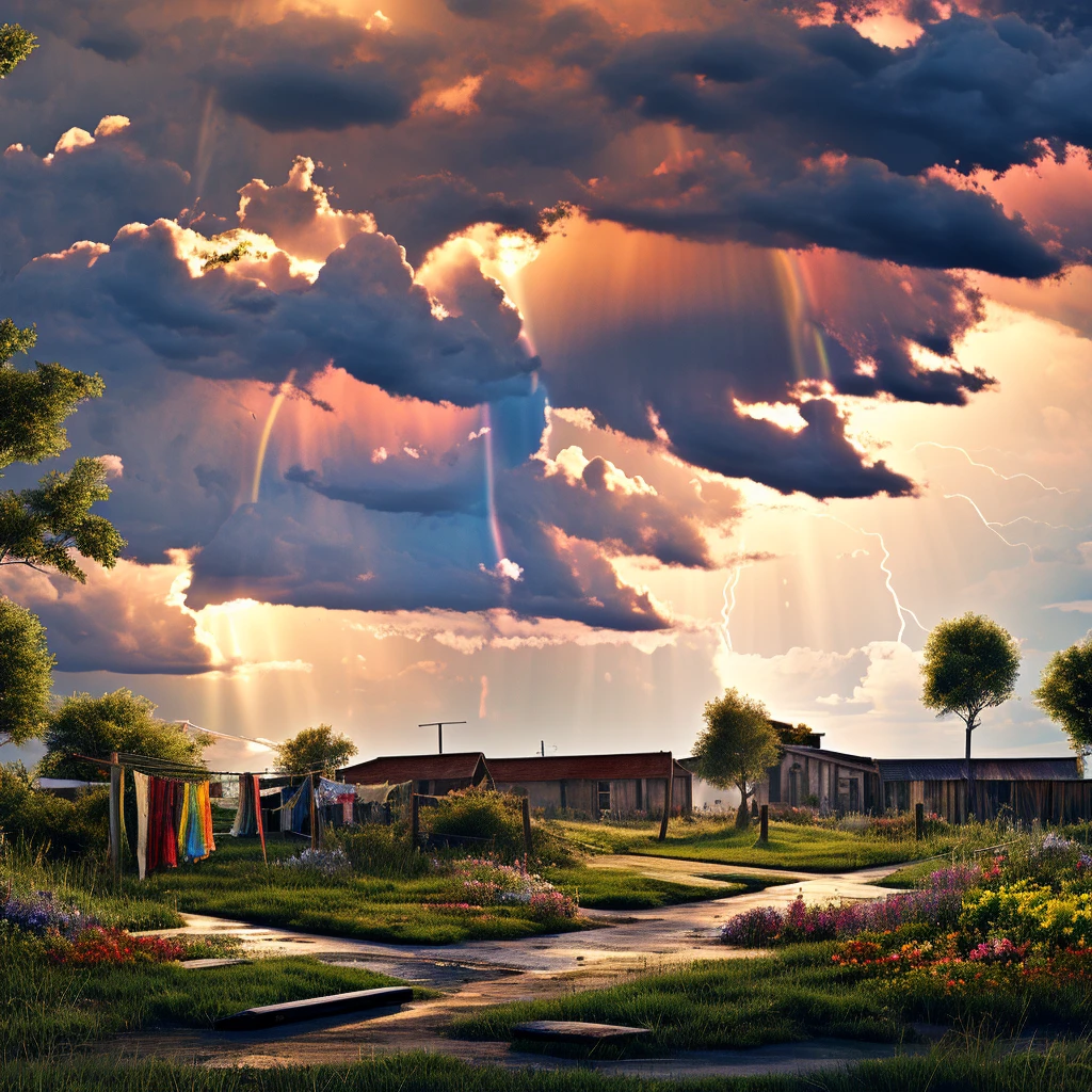 Ragged and vibrant clothes: A clothesline, half with torn and faded fabrics, the other half with vibrant and bright colors, swaying gently on a cloudy day, with sunbeams breaking through the clouds, creating an atmosphere of hope and melancholy.
Storm and rainbow: "A rainbow appears on the horizon, as a violent storm hits a clothesline, some being carried by the wind, others remain firm, representing resilience and fragility.
Nature in contradiction: A blooming garden with vibrant and wilted flowers side by side, Ao fundo, a sky with heavy clouds and a weak sun, symbolizing the beauty and decay of nature. 8k resolution, ultra realisitic, better rendering