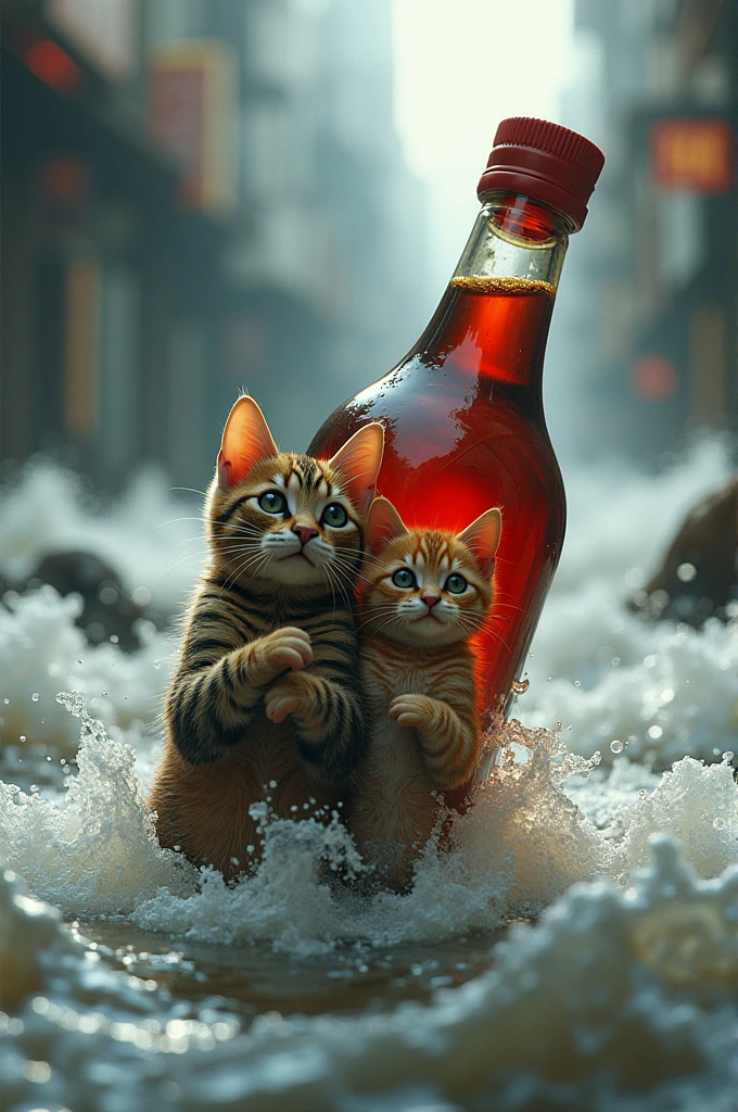 mother cat and kitten in a soy sauce bottle in a flash flood
