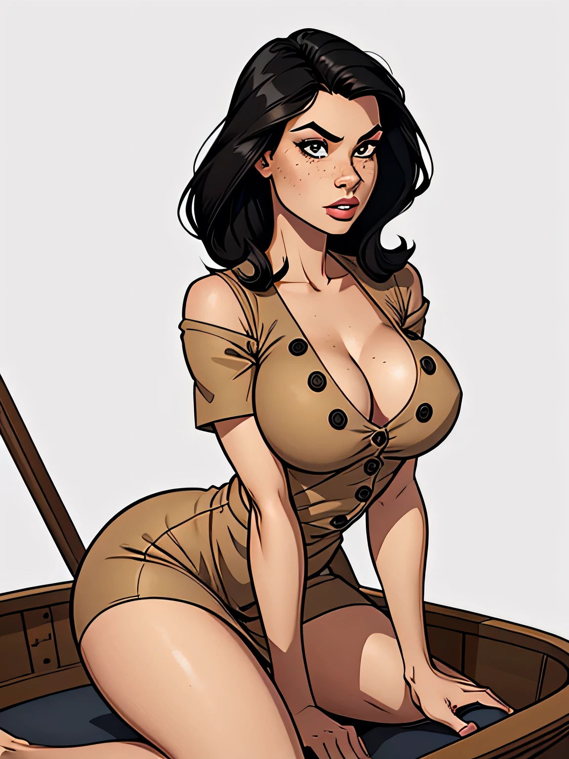 Thin woman, age 25, 4K (High definition), thoughtful, seducing gaze, eyes browns, wearing a beige dress with a boat neckline (with buttons) and short sleeves, arms positioned at the side of the body, Caucasian skin, straight black hair down to shoulder length, bare-kneeled, full of curves with freckles across her chest and neck, round breasts. Marvel style high quality, white background.