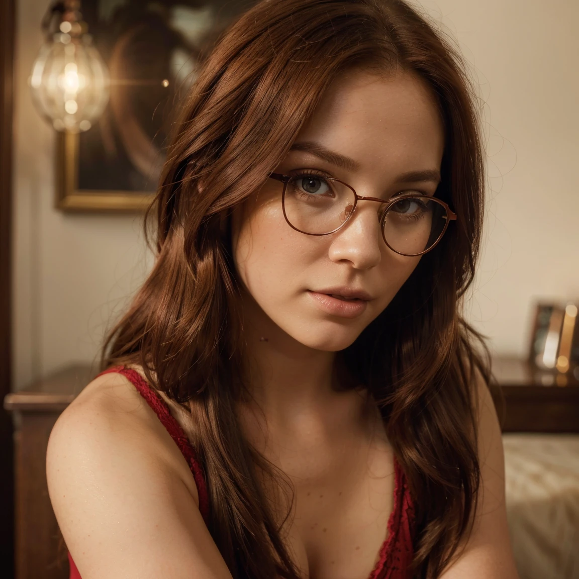 a beautiful young woman with long red hair in a tight buns, soft curves, glasses, blushing, wearing stockings, red panties, extremely detailed face and expression, beautiful detailed eyes, beautiful detailed lips, longeyelashes, realistic, photorealistic, photo-realistic:1.37, (best quality,4k,8k,highres,masterpiece:1.2),ultra-detailed,(realistic,photorealistic,photo-realistic:1.37),portrait,warm colors,soft lighting