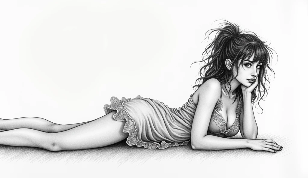 It says "Thank you for everything", monochrome, pencil drawing, self-portrait, looking at view, on stomach, cute woman, messy hair, (attractive and seductive) and (amorous and lewd) expression, wearing lace night dress, shading, shadows, contrast, conceptual installation art, 2.5D, delicate and dynamic effects, iridescent effects, artistic, hyper, graphic CG digital art, (anime, manga, cartoon, illustration)-style