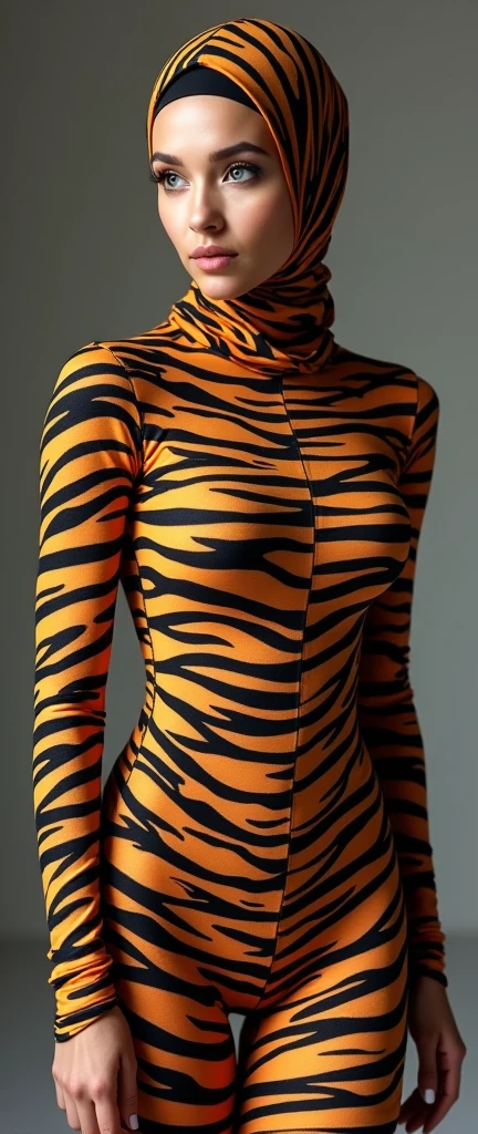 a beautiful muslimah woman with tiger striped seamless print hijab wears tiger striped seamless print unitard catsuit