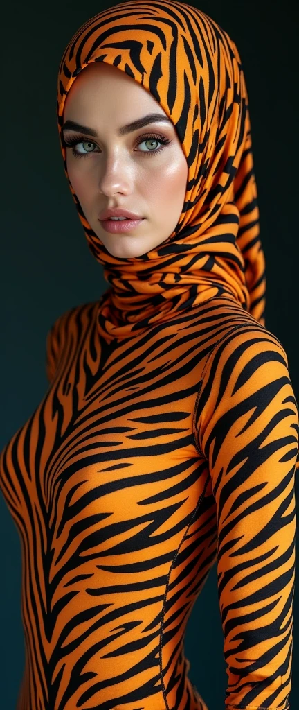 a beautiful muslimah woman with tiger striped seamless print hijab wears tiger striped seamless print unitard catsuit