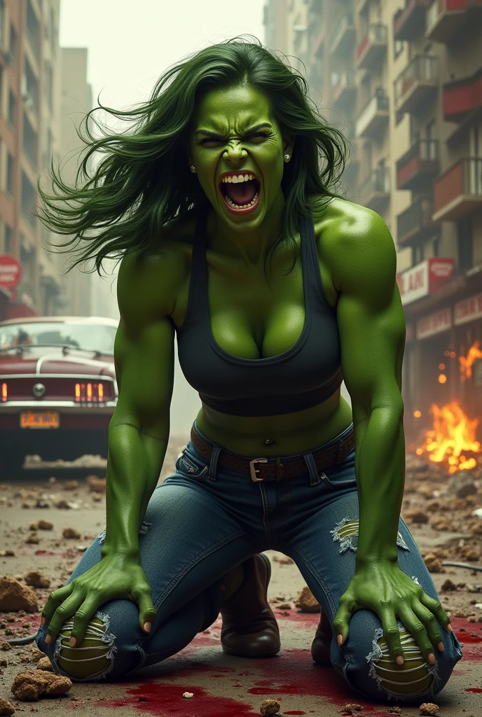 a beautiful woman (((Olive-green complexion all over his body))) Jennifer Walters aka She-Hulk in a sports top and ripped jeans because of her huge muscles on her knees screaming exhausted after an extensive battle in a rainy apocalyptic city cars and buildings on fire blood around her strong and bloody images (((Green complexion all over the body))) 