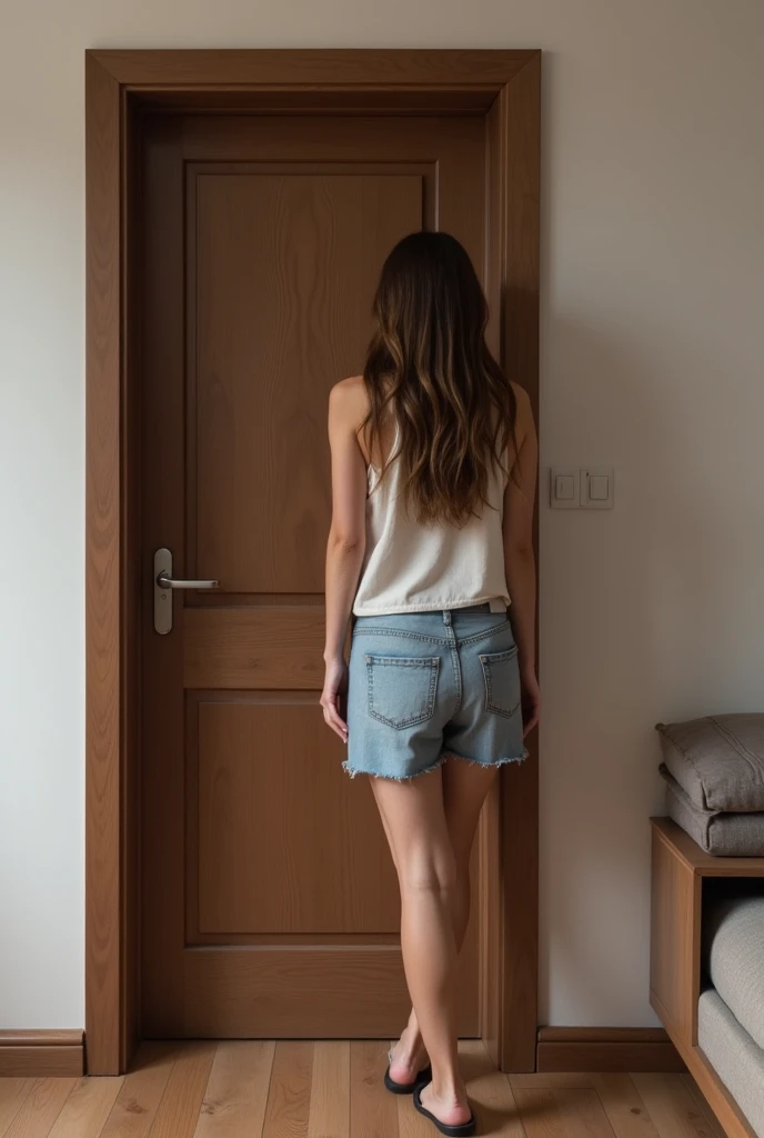 Thin woman, long brown hair with highlights, ultra realisitic, with 1,3 meters tall, next to a super basic brown bedroom door, showing how small it is. showing the full height of the door, being shown in casual clothing.