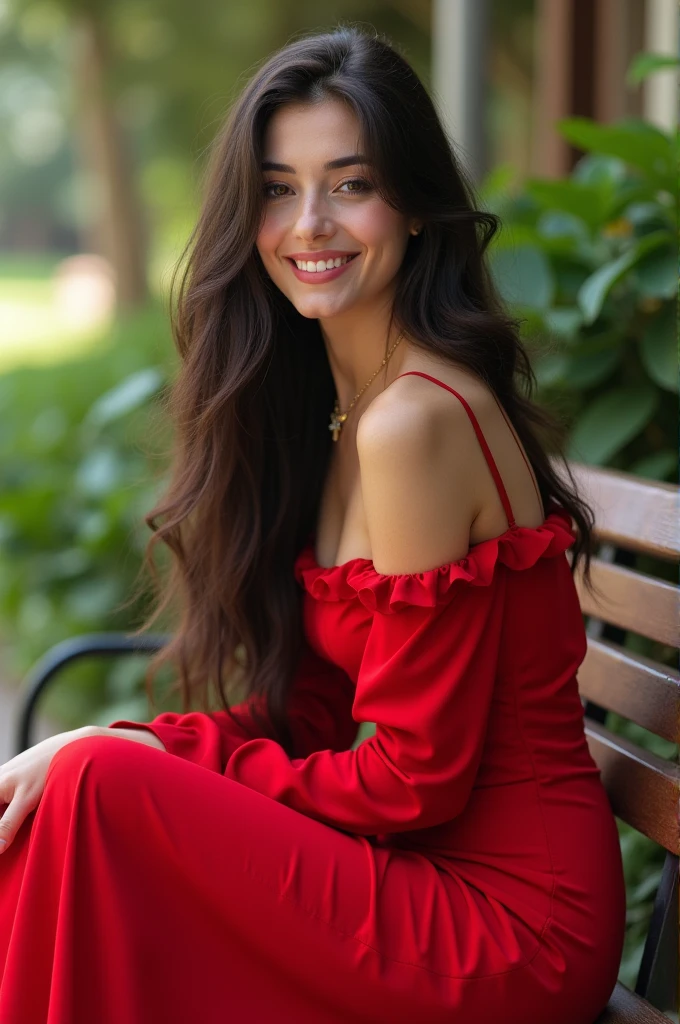 araffe woman with long hair and a red dress sitting on a bench, profile image, beautiful iranian woman, beautiful and smiling, lovely woman, charming smile, greek ameera al taweel, handsome girl, gorgeous woman, lovely smile, beautiful girl, mina petrovic, julia sarda, attractive and beautiful, with a beautifull smile, with a seductive smile