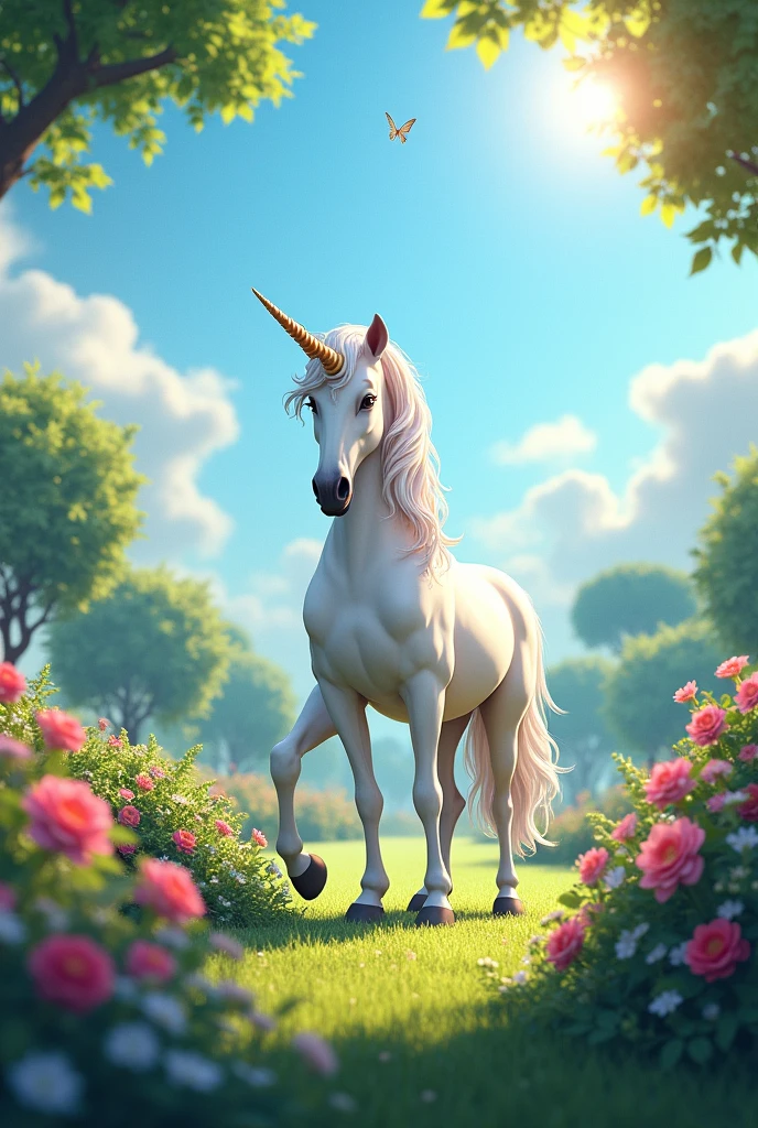 unicorn in a very nice garden and a blue sky