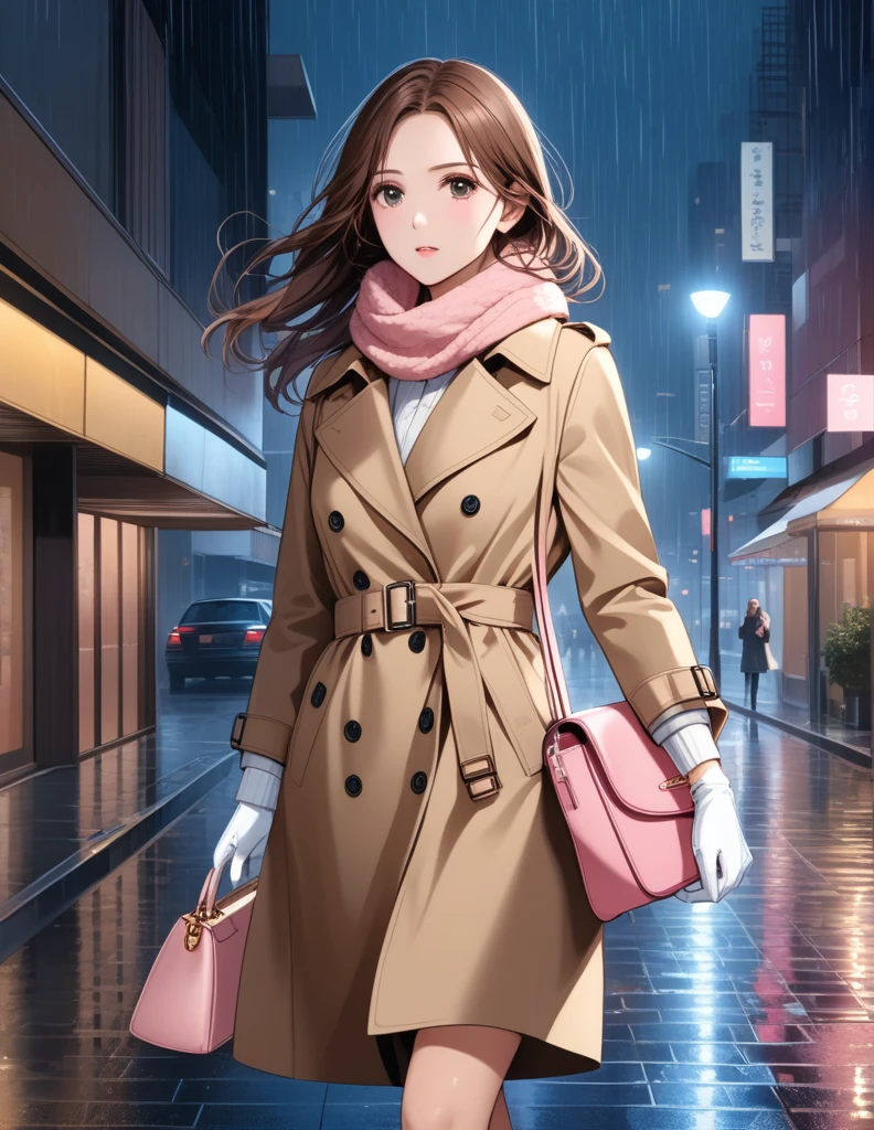 Masterpiece, hd, 1girl with long brown hair wearing a fully oned up closed and beige belted buckle knee-length trench coat with a tucked up large pink winter wool scarf and white gloves carrying her large pink purse blown by the hard wind at the hard rainy night city street full body 8k)