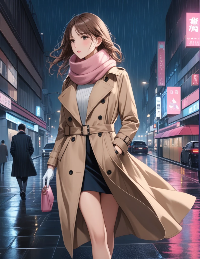 Masterpiece, hd, 1girl with long brown hair wearing a fully buttoned up closed and beige belted buckle knee-length trench coat with a tucked up large pink winter wool scarf and white gloves carrying her large pink purse blown by the hard wind at the hard rainy night city street full body 8k)