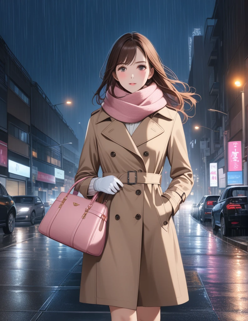 Masterpiece, hd, 1girl with long brown hair wearing a fully buttoned up closed and beige belted buckle knee-length trench coat with a tucked up large pink winter wool scarf and white gloves carrying her large pink purse blown by the hard wind at the hard rainy night city street full body 8k)