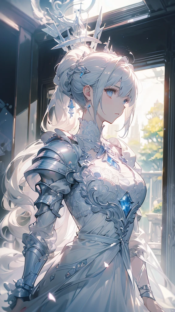 ((masterpiece, best quality)), Epic battlefield atmosphere,Delicate face,knight,Pure White Bride Armor,Halo,whole body,Standing picture,Perfect body proportions,Double ponytail hairstyle,Beautiful silver eyes,Fantasy style,White background,transparent,Lace