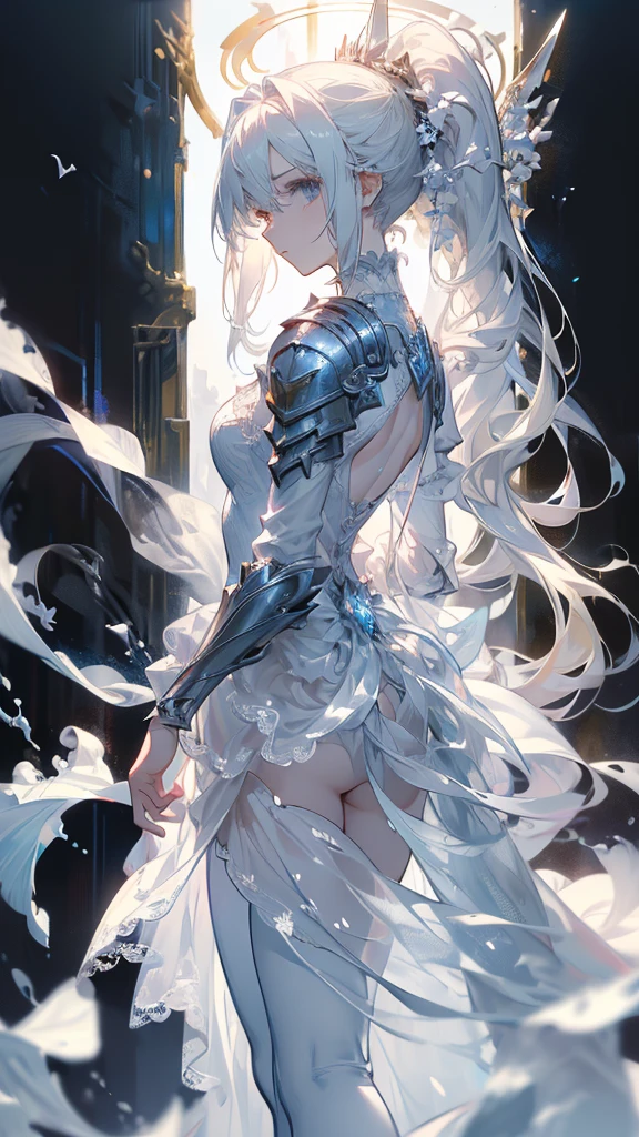 ((masterpiece, best quality)), Epic battlefield atmosphere,Delicate face,knight,Pure White Bride Armor,Halo,whole body,Standing picture,Perfect body proportions,Double ponytail hairstyle,Beautiful silver eyes,Fantasy style,White background,transparent,Lace