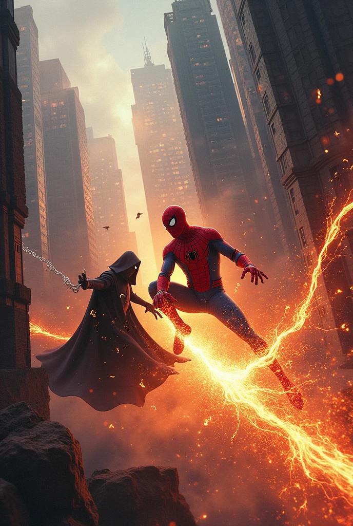 "Spider-Man unleashes a fiery web blast as he battles a dark sorcerer amidst a mystical storm, with skyscrapers crumbling and magical energies clashing in the background."