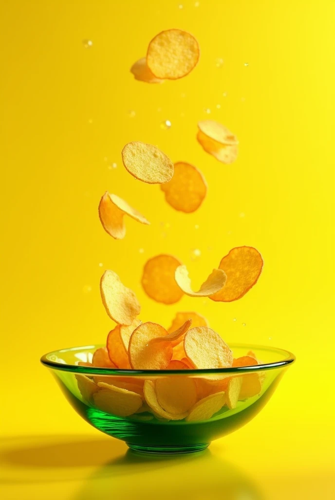 Create a green glass bowl with thin marinated chips falling on a yellow background