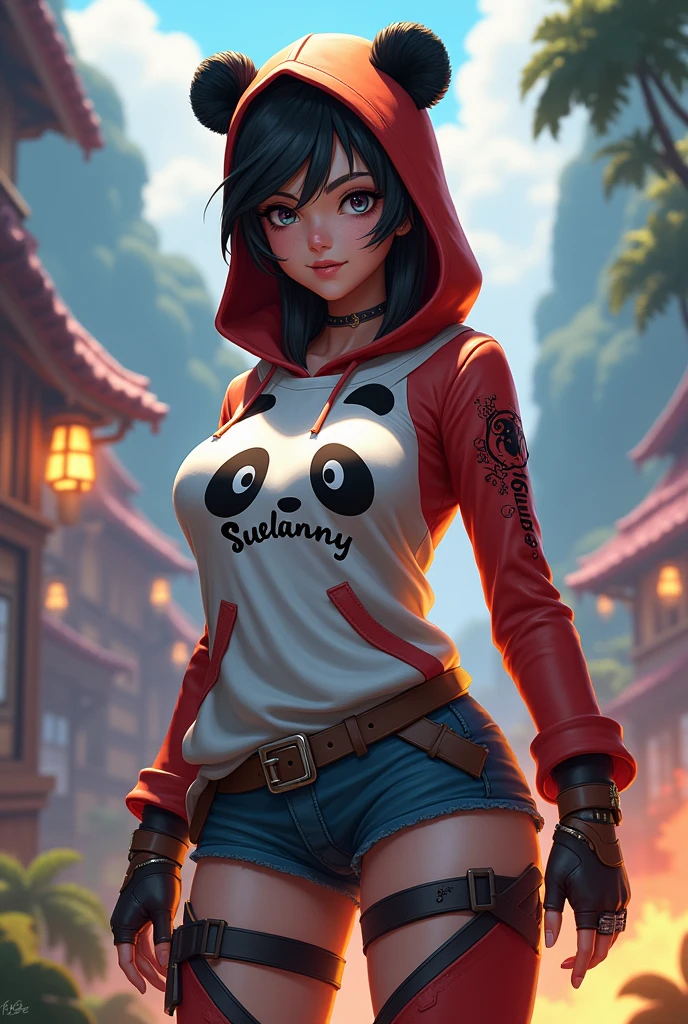 Female character based on the free fire game with panda skin written suelanny on the panda hooded shirt