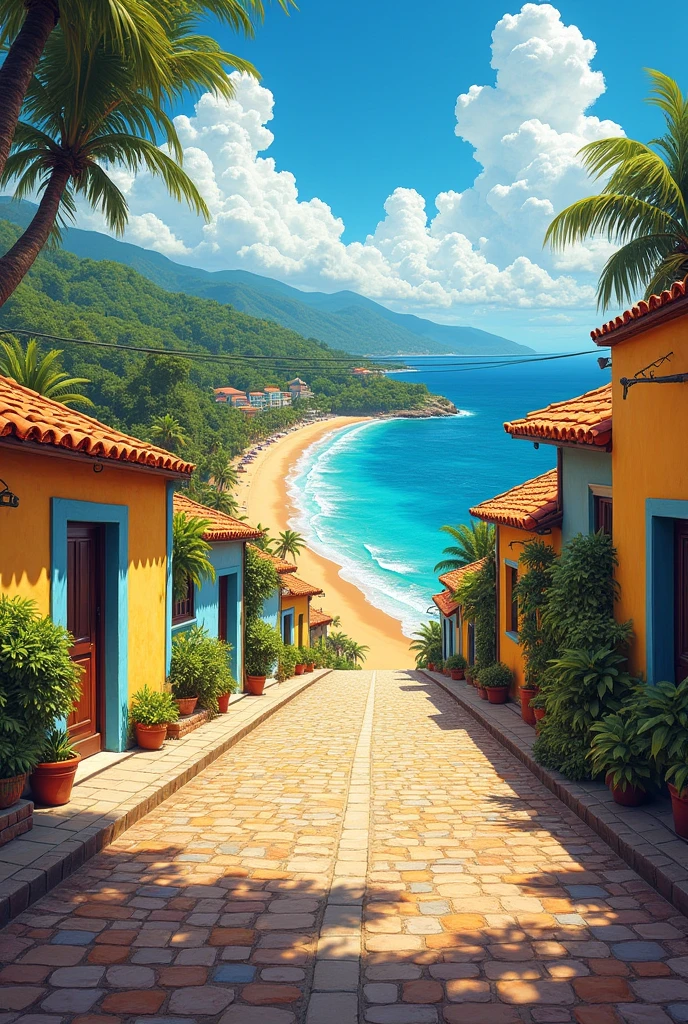 Painting of the beach in the northeast of Brazil, paved road, cobblestones and buildings by the sea, panoramic view of Japaratinga Beach, Alagoas, Northeast of Brazil