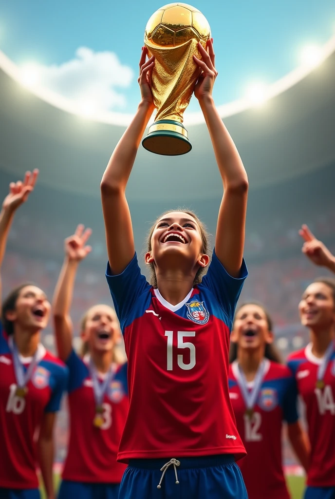 A lifting the world cup with Costa Rica, with the name Avril and the number 15 on her back