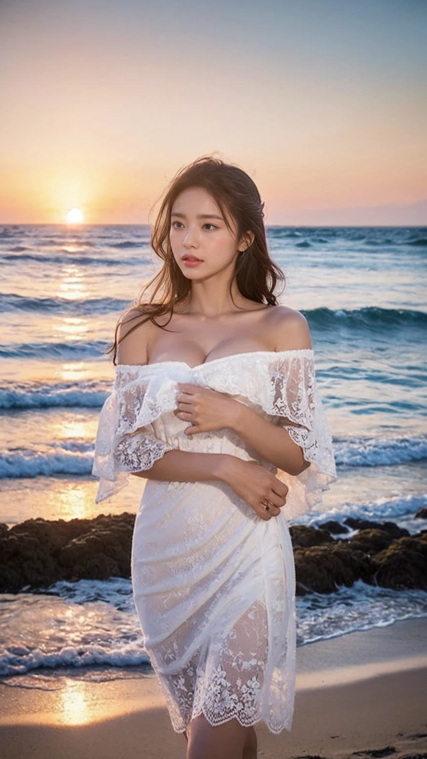 ((bigbreast)),A glamorous woman in a white lace off-shoulder summer dress, standing on a beach during sunset. She gazes wistfully at the distant ocean, her hand gently resting on her chest. The wind lightly ruffles her hair and dress, creating a serene and melancholic atmosphere. The golden sky and calm sea are beautifully captured in the background, enhancing the overall mood. Render in ultra-high resolution, capturing intricate details with stunning clarity.