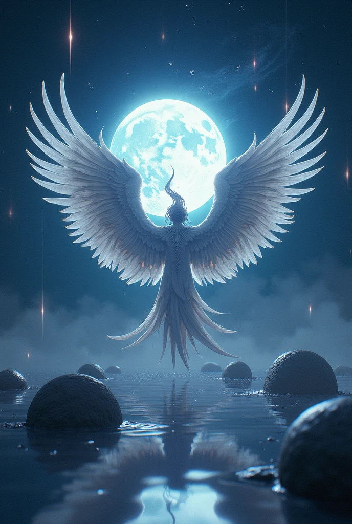 full moon plus meteorites, planets and only the wings of a phoenix, the wings separated and below add the word DYNASTY in capital letters as a background above the moon and with a color similar to that of the moon, put it on top of the moon