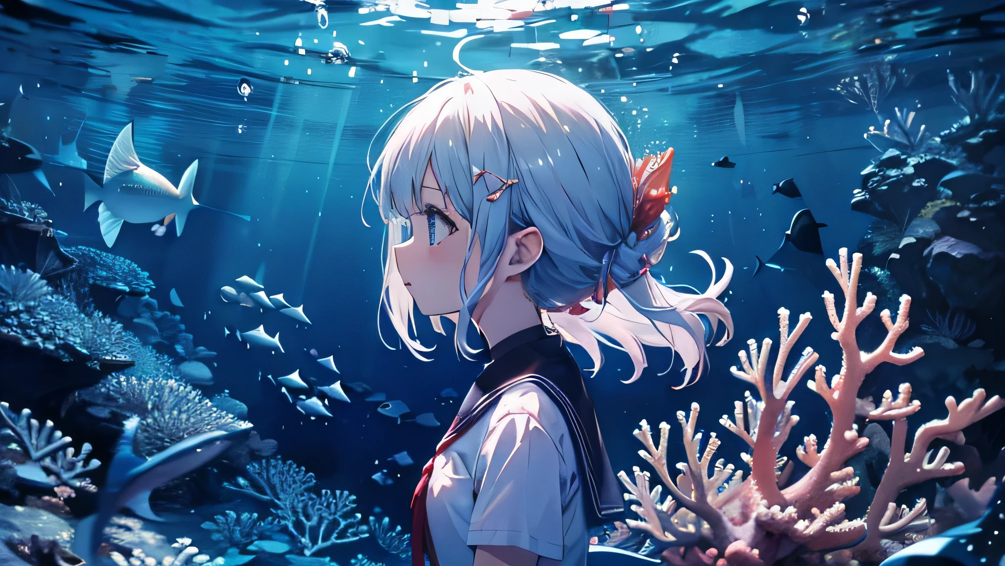 seabed、School of fish、coral、mermaid、Fisheye Lens、beautiful girl、prism、profile