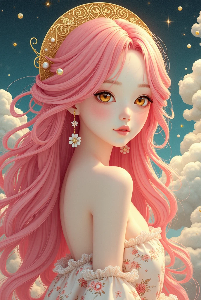 (White background:1.4),(Japanese Girl's head silhouette, detailed gold eyes, Long pink flowing hair, Oriental elements),(Chinese illustration:1.3,Paper Art:1.3, キルティングPaper Art:1.2),( Streamlined Design, Clear lines, High sharpness,Better Quality, Very detailed, Master Parts, Film Light Effect, 4K ) Illustration design, porcelain doll skin, beautiful detailed eyes, beautiful detailed lips, extremely detailed gold eyes and face, long eyelashes, upper body, from side, looking at viewer, (fractal art:1.3), (pink hair:1.2), water, liquid, cloud, colorful, starry, stars, (best quality, 4k, 8k, highres, masterpiece:1.2), ultra-detailed, (realistic, photorealistic, photo-realistic:1.37), vibrant colors, studio lighting, extremely detailed description, professional, concept art, surreal, 1920s french vibe, monochromatic gold and pink palette, in the style of french illustrator moebius, gold elements,