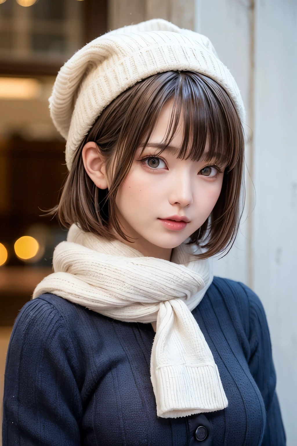 (masterpiece, Highest quality),One Girl, solo, Black-haired, scarf, hat, Realistic, Realistic, Looking at the audience, Light-coloured black eyes, Short brunette bob hair, Brown coat, Winter clothes, White headscarf, Lips, Bans, Plein Air, Mouth closed, Upper body、Big eyes、Eyelashes、((Beautiful landscape with sparkling snow))、(((Short bob hair with bangs、Shiny Hair、Big eyes、large full chest、Intensely accentuates the eyes、Staring at the audience、Beautiful beauty、Listen carefully、Long neck、Smile a little、Please close your mouth and laugh、Ideal body proportions)))、{huge|big|hugeな|Mega} chest:2, chestの谷間:2
