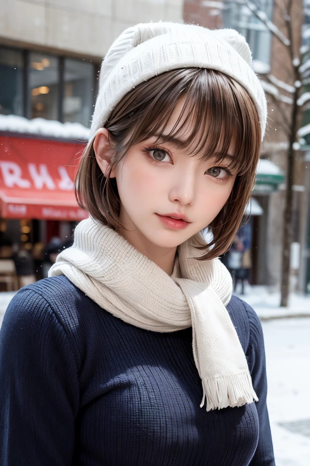 (masterpiece, Highest quality),One Girl, solo, Black-haired, scarf, hat, Realistic, Realistic, Looking at the audience, Light-coloured black eyes, Short brunette bob hair, Brown coat, Winter clothes, White headscarf, Lips, Bans, Plein Air, Mouth closed, Upper body、Big eyes、Eyelashes、((Beautiful landscape with sparkling snow))、(((Short bob hair with bangs、Shiny Hair、Big eyes、large full chest、Intensely accentuates the eyes、Staring at the audience、Beautiful beauty、Listen carefully、Long neck、Smile a little、Please close your mouth and laugh、Ideal body proportions)))、{huge|big|hugeな|Mega} chest:2, chestの谷間:2