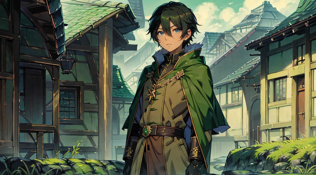 yuichiro hyakuya, (WithoutFear:1), demon king, evil face, 1 boy, black hair, green eyes, brown coat, gray armor, green shield, green cloak, dark brown gloves, castle, white fur trim, tall, anime, standing, good quality, portrait, looking at viewer