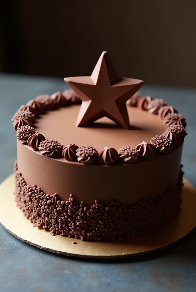 A round cake decorated with gourmet chocolate sprinkles on the sides and a star-shaped decoration on top. 
