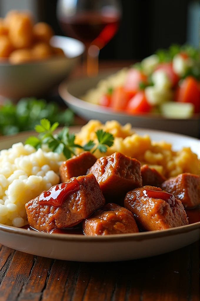 Please generate an advert for a family meal that has mogodu (tribe) in it Pap as well and Greek and potatoe salads the meal must be R200 emphasise that it's cheap