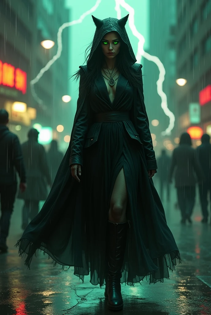 Green-eyed werewolf woman, walks alone among people, wearing his black robe hiding from the rain and lightning
