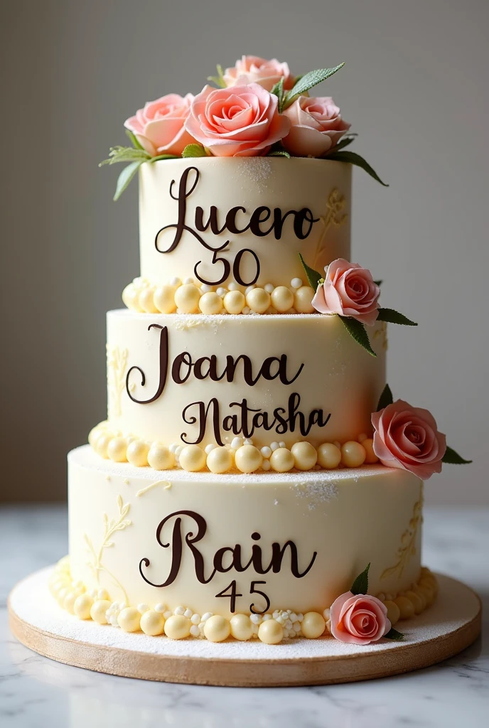 generate a photo of a cake with writings on top. here's the writings
Lucero - 50
Joana - 45
Natasha - 45
Rain - 35