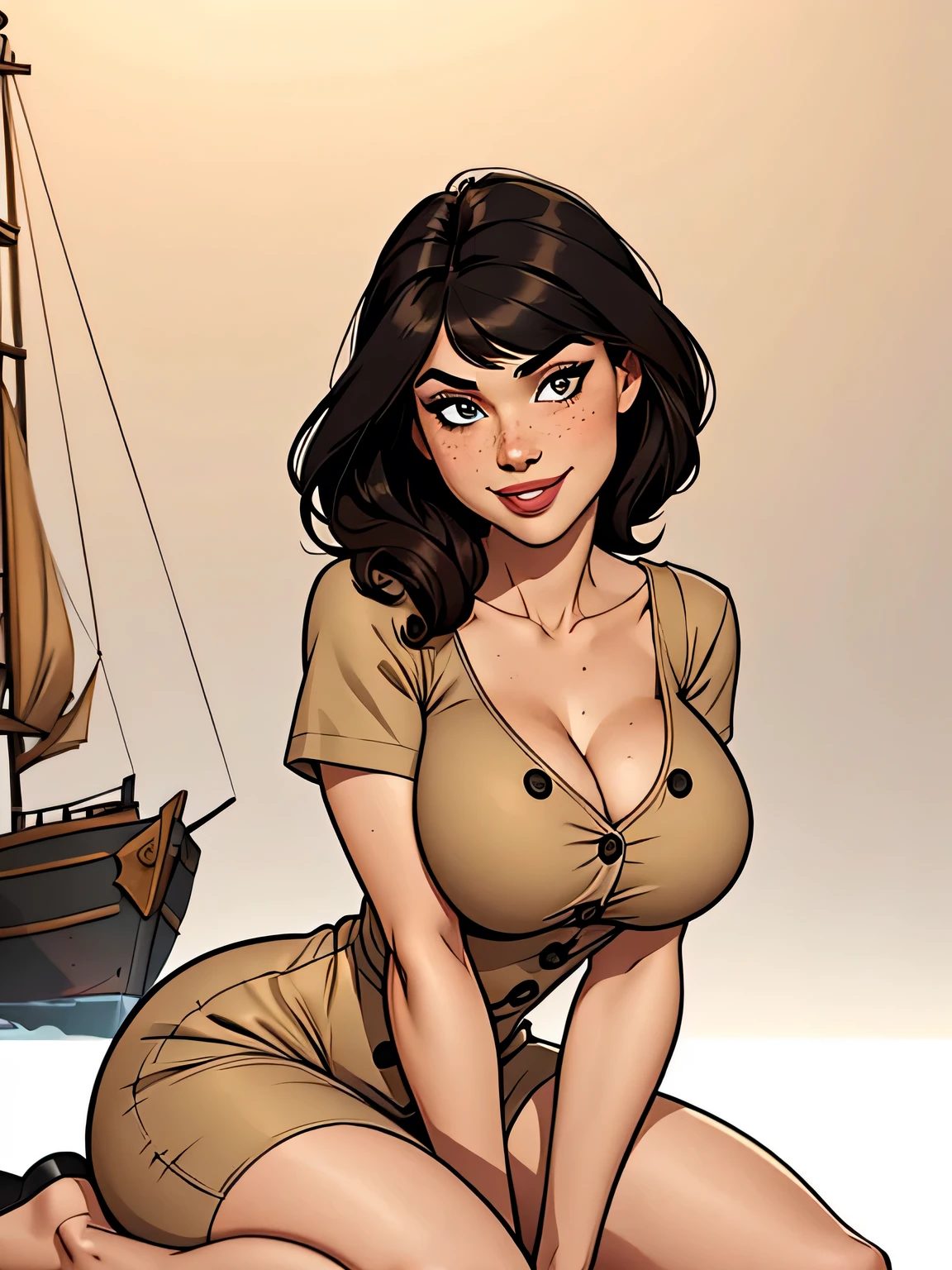 Thin woman, age 25, 4K (High definition), mysterious smile, seducing gaze, eyes browns, wearing a beige dress with a boat neckline (with buttons) and short sleeves, arms positioned at the side of the body, Caucasian skin, straight black hair down to shoulder length, bare-kneeled, full of curves with freckles across her chest and neck, round breasts. Marvel style high quality, white background.