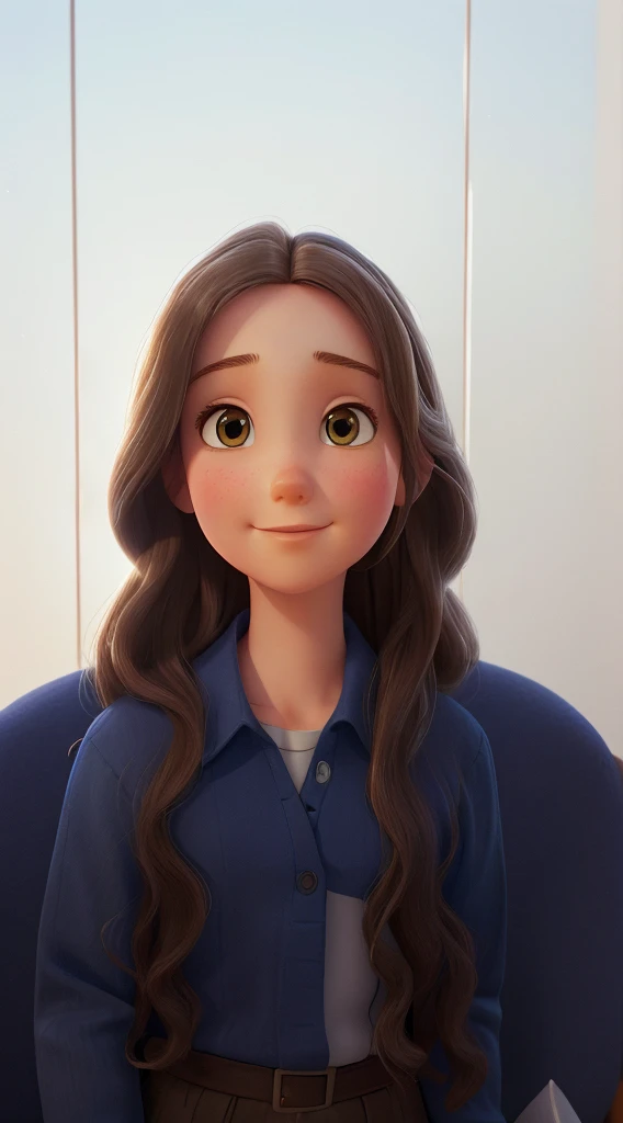Make an oil painting of a young, white girl, with long light brown hair, a blue blouse, and a white background by James Christensen, awwChang, CG Society, Lighting, Pixar, Super Sharp HiFi, Sunny Day Background