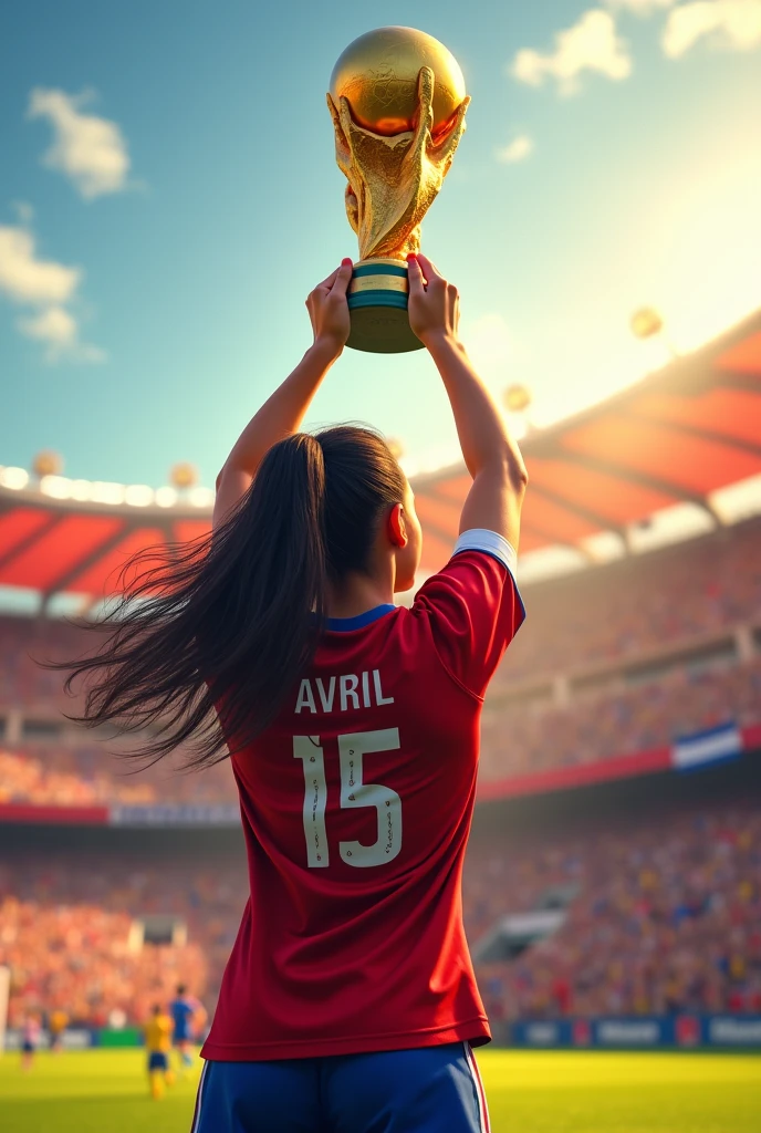 A ager lifting the world cup with Costa Rica, with the name Avril and number 15, backwards