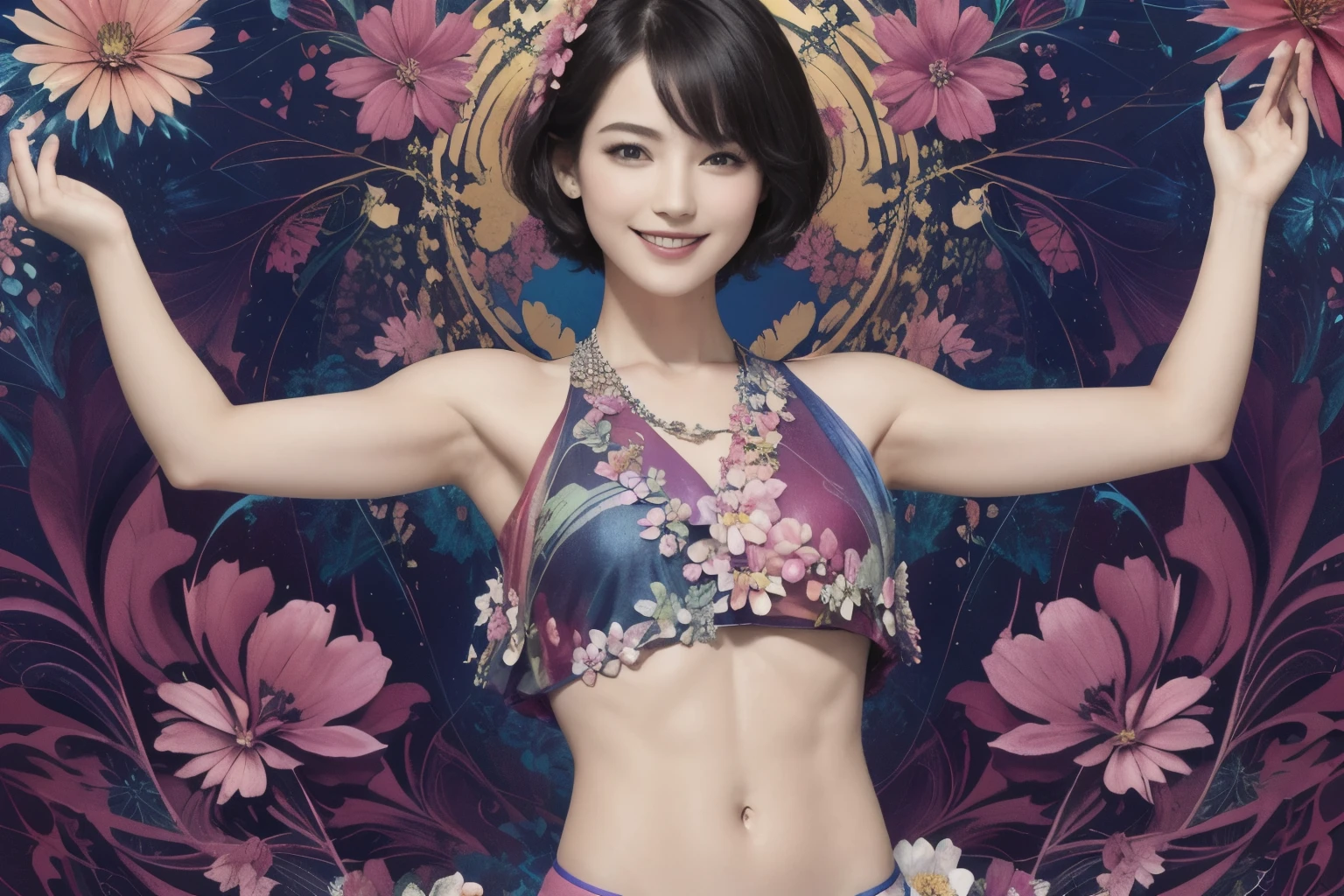 274 (20-year-old woman,short hair), (beautiful:1.2), (Fractal Art:1.1), (flower:1.3), whole body, (Abstract background:1.3), (Many colors:1.4), (Old-fashioned smile), (Abdominal muscles), (Wave:1.1)