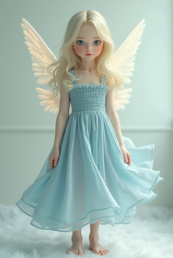 A cute pale-skinned Lolita with sandy blonde hair and white skin in a blue dress, barefoot and with an innocent look with a realistic style almost with an angelic appearance 