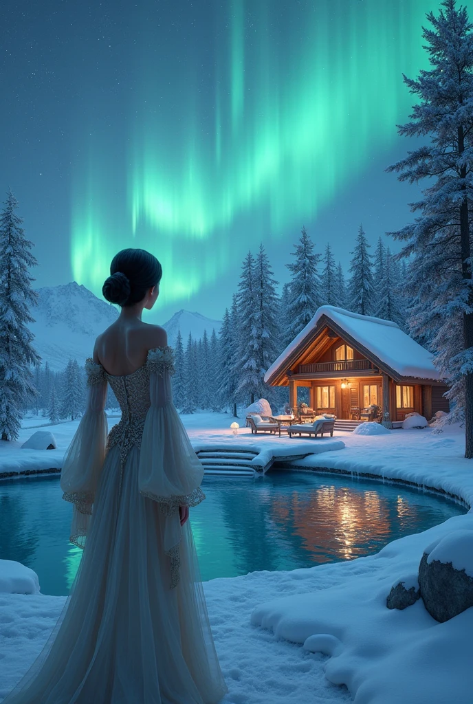 northern lights with a frozen pool, a very luxurious cabin and a girl with short black hair and very beautiful and expensive clothes
