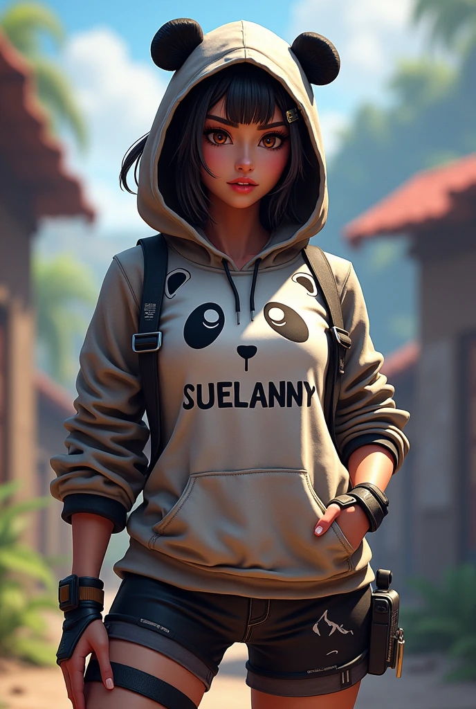 Female character based on the free fire game with panda skin written suelanny on the panda hooded shirt