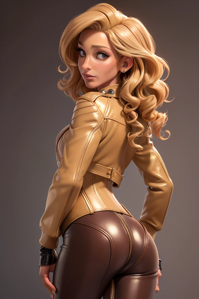 obra prima, melhor qualidade, ((only one woman,)) ((sarah jessica parker, dark tan skin, short blonde curly hair, heavy makeup eye shadow, mouth open,)) (((wearing thigh length bubblegum distressed leather jacket,))) (((jacket is zipped up, jacket covers waist and ass,))) ((jacket has stiff high collar,)) ((gold pvc gloves,)) body is very skinny, standing up, (((arched back, shoulders leaning way back, hips twisting, head tilted way back, chin up,))) ((camera back view, extreme closeup view of upper body,)) shallow depth of field, highres, HD, 8k, anatomically correct