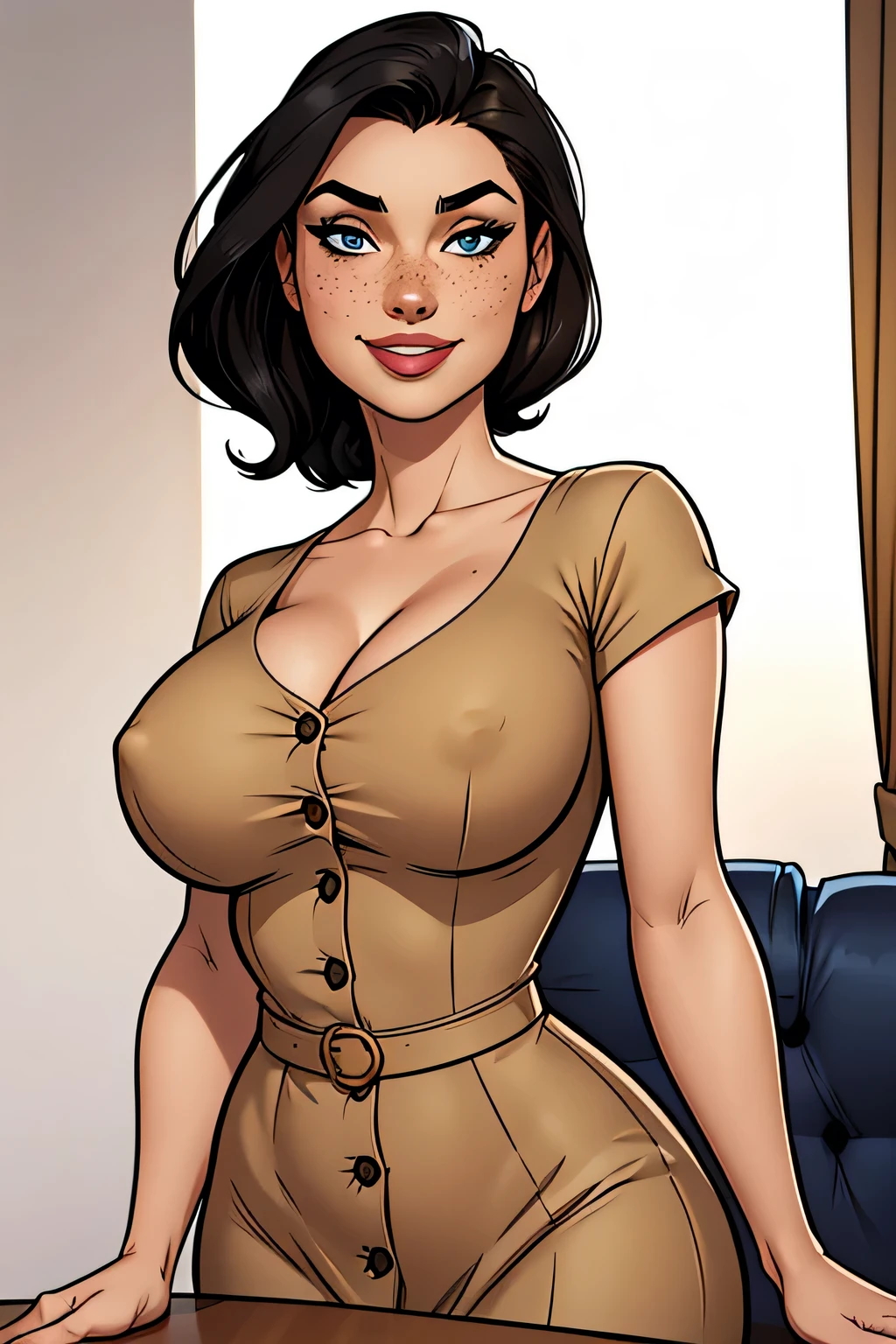 Thin woman, age 25, 4K (High definition), mysterious smile, seducing gaze, eyes browns, wearing a beige dress with a boat neckline (with buttons) and short sleeves, arms positioned at the side of the body, Caucasian skin, straight black hair down to shoulder length, upper body (in front of a table), full of curves with freckles across her chest and neck, round breasts. Marvel style high quality, white background.